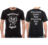 Front and back of Motorhead England black t-shirt featuring album artwork on the front and large stylized white text 'Everything louder than everything else' with a black and white spade on the back, on a model.