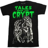Close-up of Tales from the Crypt More Comics black t-shirt featuring a black and white image of zombie hands along with the text 'Tales from the Crypt' in bright green above the image, displayed against a white background.