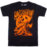 Close-up of Tales from the Crypt Halloween Pumpkin black t-shirt featuring an orange image of a zombie coming out of a jack-o-lantern along with the text 'Tales from the Crypt' in orange above the image, displayed against a white background.