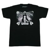 Close-up of Elvira Spirit Board black t-shirt  featuring a black and white image of her holding a crystal ball with spirit board elements around her in the image along with the text 'Elvira Mistress of the Dark Call Me Tonight Later Darling' around the image, displayed against a white background.