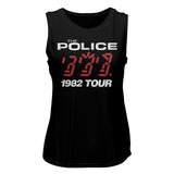 Close-up of Police Ghost in the Machine 1982 Tour sleeveless black t-shirt featuring album artwork, photographed flat on a white background.