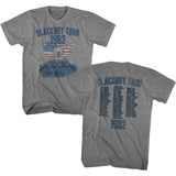 Close-up of front and back of Scorpions Blackout 1982 Tour heather grey t-shirt featuring the map tour artwork along with tour name and band name in blue text on the front and the tour stops and dates in blue text on the back, displayed on a white background.
