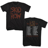 Front and back of Skid Row Slave to the Grind '91 Tour black t-shirt featuring the band name in large brick red distressed lettering on the front and the tour name and year along with the dates and stops listed on the back, displayed on a white background.