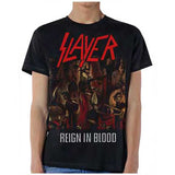 Slayer Reign in Blood black t-shirt featuring album artwork, on a model.