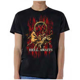 Slayer Hell Awaits black t-shirt featuring album artwork, on a model against a white background.