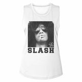 Close-up of Slash white sleeveless t-shirt featuring a black and white image of his face with a cigarette in his mouth along with "Slash" in large black lettering across the bottom, photographed flat on a white background.