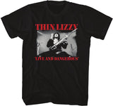 Close-up of Thin Lizzy Live & Dangerous black t-shirt featuring album artwork, displayed on a white background.