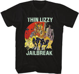 Close-up of Thin Lizzy Jailbreak black t-shirt featuring the album artwork, photographed flat on a white background.