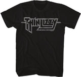 Close-up of Thin Lizzy black t-shirt featuring the band logo in white lettering, photographed flat on a white background.