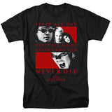 Close-up of The Lost Boys black t-shirt featuring the movie imagery along with the words "Sleep all day Party all night Never grow old Never Die The Lost Boys", photographed flat on a white background.