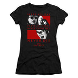 Close-up of The Lost Boys black t-shirt featuring the movie imagery and the text "Sleep all day Party all night Never grow old Never die The Lost Boys" in red lettering, photographed flat on a white background.