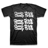 Close-up of Cheap Trick Classic Logo black t-shirt featuring the band name in white repeated 6 times, displayed against a white background.