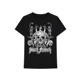 Black Sabbath Skeleton Dance black t-shirt featuring an image of two skeletons dancing, a center skull, the letters 666, and the Black Sabbath logo on a transparent background.