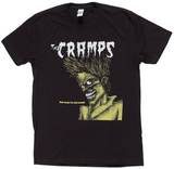 Close-up of The Cramps Bad Music for Bad People black t-shirt featuring the album artwork, photographed on a white background.