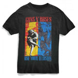 Close-up of black Guns n' Roses Use Your Illusion t-shirt featuring the album cover artwork, on a white background.