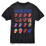 Close-up of Rolling Stones Evolution Tongues black t-shirt featuring 16 different renditions of their tongue logo, displayed against a white background.