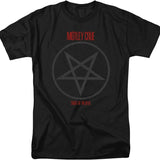 Close-up of Motley Crue Shout at the Devil black t-shirt featuring album artwork, displayed against a white background.
